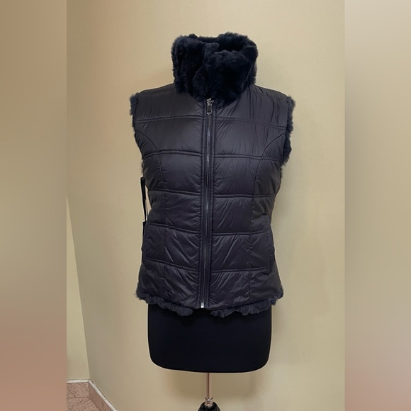NWTLinda Richard luxuryElegant Navy reversable rabbitQuilted Vest for Women